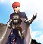  arisu_shiria armor arondight breastplate cape castle cropped cross day emiya_shirou fate/stay_night fate_(series) gauntlets hand_on_hilt male_focus orange_eyes orange_hair solo sword weapon 