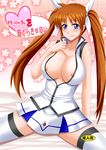  blue_eyes breasts hair_ribbon large_breasts long_hair lyrical_nanoha mahou_shoujo_lyrical_nanoha_strikers nipples older orange_hair ribbon smile solo takamachi_nanoha thighhighs twintails zerosu_(take_out) 