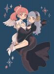  2girls angel_wings black_dress black_nails blue_background blue_hair breasts brown_eyes chimney_(chimney0311) cleavage cleavage_cutout clothing_cutout dress english_commentary fake_horns fake_wings fire_emblem fire_emblem:_three_houses full_body goat_horns high_heels highres hilda_valentine_goneril horns long_dress long_hair marianne_von_edmund medium_hair multiple_girls pink_eyes pink_hair puffy_sleeves simple_background smile sparkle wavy_hair white_footwear wide_sleeves wings 