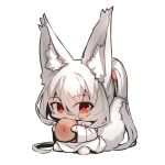  1girl absurdres animal_ear_fluff animal_ears barefoot chibi commentary_request eating food fox_ears fox_girl fox_tail full_body hair_between_eyes highres holding holding_food japanese_clothes kimono long_hair long_sleeves obi original ponytail sash simple_background sitting solo tail very_long_hair white_background white_hair white_kimono wide_sleeves yuuji_(yukimimi) 