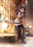 1girl :o belt black_gloves black_hair black_thighhighs blue_eyes boots car fate/stay_night fate_(series) full_body gloves highres jacket joko_jmc looking_at_viewer motor_vehicle night outdoors red_scarf scarf snowing solo thighhighs tohsaka_rin two_side_up winter zettai_ryouiki 
