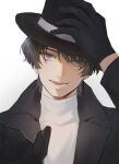  1boy black_gloves black_hair black_headwear black_jacket blue_eyes earrings genshin_impact gloves hair_between_eyes hat highres jacket jewelry male_focus nokkusuart open_mouth scaramouche_(genshin_impact) shirt short_hair solo top_hat white_shirt 