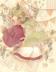 1girl :d adapted_costume ass commentary_request green_hair hair_ornament highres horns komano_aunn leaf_hair_ornament long_hair looking_at_viewer looking_back open_mouth red_shirt sasa6666s shirt shorts single_horn smile solo tail touhou white_shorts 