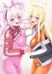  2girls :d @_@ alice_(nikke) animal_ear_headphones animal_ears bikini bikini_bottom_only bikini_over_clothes blonde_hair blue_eyes blush bodysuit braid breasts covered_navel crop_top cropped_jacket fake_animal_ears gloves goddess_of_victory:_nikke grey_jacket hair_between_eyes headgear headphones headset highres holding_hands hood hood_down hooded_jacket impossible_bodysuit impossible_clothes interlocked_fingers jacket large_breasts latex latex_bodysuit long_hair multicolored_clothes multicolored_jacket multiple_girls off_shoulder open_mouth orange_bodysuit pink_bodysuit pink_eyes pink_gloves pink_hair red_jacket sidelocks skin_tight smile swimsuit tachibana_yuu_(shika) tove_(nikke) twintails two-tone_jacket white_gloves white_jacket 