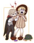  &gt;_&lt; 1boy 1girl biting black_cape black_eyes black_pants blonde_hair braid candy cape dungeon_meshi elf food grey_hair halloween_costume lollipop maaa_0211 marcille medium_hair mithrun mushroom mushroom_costume outline pants pointy_ears side_braids sweatdrop vampire_costume white_background yellow_outline 