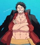  1boy abs aged_up alternate_facial_hair bara bare_pectorals beard_stubble black_coat black_eyes black_hair blue_background coat coat_on_shoulders collared_shirt cowboy_shot crossed_arms facial_hair long_sleeves looking_at_viewer male_focus mature_male monkey_d._luffy muscular muscular_male mustache_stubble navel one_piece open_clothes open_coat open_shirt pectorals red_shirt rrrhigemegane sash scar scar_on_cheek scar_on_chest scar_on_face shirt short_hair simple_background sleeves_rolled_up smile solo straight-on strongman_waist stubble teeth toned toned_male v-shaped_eyebrows wavy_hair yellow_sash 