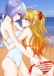  ass ayanami_rei bare_shoulders beach bikini blonde_hair blue_eyes blue_hair cloud day gradient_hair groping hair_ornament halterneck hug long_hair masaki3 multicolored_hair multiple_girls neon_genesis_evangelion ocean one-piece_swimsuit orange_hair outdoors photo_background red_eyes short_hair side-tie_bikini sky souryuu_asuka_langley striped striped_bikini striped_swimsuit swimsuit two-tone_hair water yuri 