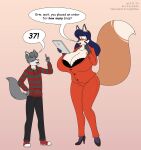 2023 anthro big_breasts blue_hair blush bottomwear bra breasts business_suit canid canine clothing copyright_symbol digital_media_(artwork) duo english_text eric_connors_(lildredre) eyes_closed female footwear fox fur grey_body grey_fur hair hi_res high_heels hoodie huge_breasts male mammal miss_adams_(irvingwrites) name_tag open_mouth pants satsumalord shirt shoes sneakers speech_bubble suit symbol tablet_computer text topwear underwear