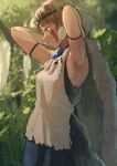  1girl arms_up bare_arms batayu brown_eyes commentary_request earrings facepaint facial_mark forest grey_hair highres jewelry mononoke_hime nature necklace outdoors pelt san_(mononoke_hime) short_hair smile solo tooth_necklace upper_body wolf_pelt 