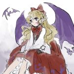  1girl bat_(animal) bat_wings black_vest closed_mouth commentary_request elis_(touhou) expressionless facial_mark flat_chest highres kaigen_1025 long_sleeves open_clothes open_vest petticoat pointy_ears purple_wings red_skirt shirt sitting sketch skirt solo star_(symbol) star_facial_mark touhou touhou_(pc-98) vest white_shirt wings 