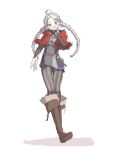  1girl ahoge black_bridal_gauntlets blue_eyes boots braid capelet fire_emblem fire_emblem_fates full_body grey_hair hairband harness hood hooded_capelet keyring leather leather_boots looking_at_viewer low_twin_braids nina_(fire_emblem) o-ring o-ring_harness pantyhose parted_bangs red_hood solo sorane_amus striped striped_pantyhose twin_braids vertical-striped_pantyhose vertical_stripes white_hairband 
