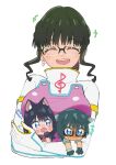  animal_ears anosillus_ii black_hair blue_eyes blush bodysuit breasts cat_ears chibi earrings glasses gloves green_hair gridman_universe gridman_universe_(film) highres holding jewelry large_breasts long_hair nikonishi open_mouth school_uniform shirt short_hair smile takarada_rikka utsumi_shou 