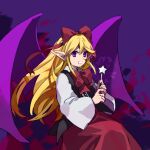  1girl bat_wings black_vest blonde_hair commentary_request elis_(touhou) hair_between_eyes hair_ribbon highres holding holding_wand invisible_chair kaigen_1025 long_hair long_sleeves neck_ribbon open_clothes open_vest pointy_ears purple_eyes purple_wings red_ribbon red_skirt ribbon shirt sitting skirt smile solo star_wand touhou touhou_(pc-98) vest wand white_shirt wings 