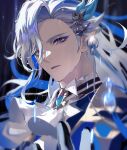  1boy ascot blue_hair eyelashes genshin_impact hair_ornament highres koujisako long_hair looking_at_viewer male_focus multicolored_hair neuvillette_(genshin_impact) parted_lips pointy_ears purple_eyes rain simple_background solo twitter_username upper_body wet white_ascot white_hair 