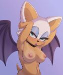  1girl animal_ears animal_nose armpits arms_up bat_ears bat_girl bat_wings bikini_tan blue_eyes blue_eyeshadow blush body_fur breasts commentary_request completely_nude english_commentary eyeshadow furry furry_female half-closed_eyes highres light_blush lipstick looking_at_viewer makeup medium_breasts mixed-language_commentary navel nipples nude open_mouth partial_commentary pink_lips purple_background purple_wings rengaboo rouge_the_bat short_hair simple_background solo sonic_(series) standing stomach sweat tail tan tanlines teeth upper_body white_fur white_hair wings 