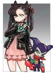  1girl absurdres black_choker card choker crossover dakusuta digimon digivice dress gloves green_eyes highres holding holding_card impmon long_hair marnie_(pokemon) pink_dress pokemon pokemon_swsh red_gloves simple_background smiley_face toy_gun 