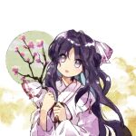  blue_hair branch cherry_blossoms colored_inner_hair commentary_request flat_chest girl_who_trained_on_mt._haku_(touhou) heterochromia highres holding holding_branch japanese_clothes kaigen_1025 kimono long_hair long_sleeves looking_at_viewer miko multicolored_hair no_nose open_mouth pink_eyes portrait_of_exotic_girls purple_eyes purple_hair touhou upper_body white_kimono white_sleeves 