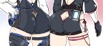  2girls absurdres ass ass-to-ass bare_back belt black_gloves company_connection crossover eula_(genshin_impact) from_behind genshin_impact gloves hand_on_own_hip highres honkai:_star_rail honkai_(series) leaning_forward long_sleeves mihoyo multiple_girls out_of_frame sesield simple_background thigh_belt thigh_strap topaz_(honkai:_star_rail) trait_connection 