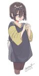  1girl backpack bag black_hair black_pants cropped_legs dated eyelashes hair_over_eyes maze_(gochama_ze_gohan) open_mouth original oversized_clothes oversized_shirt own_hands_together pants purple_eyes shirt shy signature simple_background solo white_background yoga_pants 