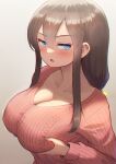  1girl :o blue_eyes blush breast_hold breasts brown_hair chromatic_aberration cleavage collarbone covered_nipples disciplinary_committee-chan_(maku_ro) from_side hair_between_eyes jitome large_breasts long_hair long_sleeves looking_at_viewer low-tied_long_hair maku_ro open_mouth original pink_sweater ribbed_sweater scoop_neck sidelocks solo sweater taut_sweater upper_body 