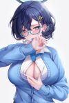  1girl absurdres blue-framed_eyewear blue_archive blue_cardigan blue_eyes blue_hair blue_necktie blush bob_cut breasts button_gap cardigan chihiro_(blue_archive) cleavage collared_shirt commentary_request covering_mouth embarrassed glasses hair_between_eyes hair_ornament hairpin halo highres large_breasts long_sleeves looking_at_viewer mechanical_halo mouth_hold necktie necktie_on_mouth paizuri_invitation parted_bangs rabbit_hair_ornament rai_(newtype_xm-x1) rectangular_eyewear shirt short_hair simple_background solo upper_body white_background white_shirt 