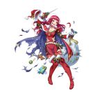  1girl blue_cape bodysuit boots breasts cape cleavage damaged fire_emblem fire_emblem_engage fire_emblem_heroes hair_ornament hat holding holding_sack katze-reis-kuchen--nyankoromochi long_hair medium_breasts mistletoe mistletoe_hair_ornament multicolored_cape multicolored_clothes official_alternate_costume official_art open_mouth red_bodysuit red_cape red_footwear red_hair sack santa_hat solo star_(symbol) star_hair_ornament star_print teeth thigh_boots torn_cape torn_clothes yunaka_(fire_emblem) yunaka_(fire_emblem)_(spirited_envoy) 