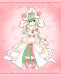  1girl absurdres alcremie alcremie_(cosplay) alcremie_(strawberry_sweet) alcremie_(vanilla_cream) artist_name blush bob_cut boots bow capelet closed_mouth clothed_pokemon commentary_request cosplay footwear_bow frilled_capelet frilled_skirt frills full_body gardevoir gloves green_hair hair_between_eyes hand_on_own_chest hand_up hat heart heart_background highres knees_together_feet_apart looking_at_viewer meru_(mer_milky77) outline partial_commentary pink_background pink_bow pink_footwear pink_thighhighs pokemon pokemon_(creature) red_eyes short_hair showgirl_skirt signature skirt solo standing thighhighs twitter_username white_outline yellow_capelet yellow_gloves yellow_headwear yellow_skirt 