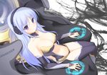  47agdragon bare_shoulders black_legwear blue_eyes blue_hair blush breasts cleavage collarbone detached_collar detached_sleeves headphones long_hair looking_at_viewer medium_breasts navel original sennheiser sitting solo thighhighs 