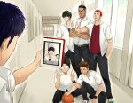  6+boys akagi_takenori ball basketball_(object) belt black_eyes black_hair black_pants black_wristband brown_belt brown_eyes brown_hair buzz_cut closed_mouth crossed_arms dark-skinned_male dark_skin day earrings full_body hallway hand_in_pocket holding holding_ball indoors ipad jewelry kogure_kiminobu looking_at_another male_focus mito_youhei mitsui_hisashi miyagi_ryouta moonjjj multiple_boys open_clothes open_shirt pants red_hair red_shirt rukawa_kaede sakuragi_hanamichi scar scar_on_chin scar_on_face serious shirt shirt_tucked_in short_hair slam_dunk_(series) smile squatting stud_earrings tablet_pc taking_picture undercut v very_short_hair wavy_hair white_shirt 