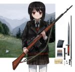  1girl absurdres ammunition battle_rifle bayonet black_hair black_jacket black_necktie border brown_skirt bullet clip_(weapon) collared_shirt commentary cowboy_shot day equipment_layout field grass gun hairo_(r228n) highres holding holding_gun holding_weapon jacket light_smile long_sleeves looking_at_viewer magazine_(weapon) mountainous_horizon nature necktie original outside_border overcast pantyhose plaid plaid_skirt rabbit red_eyes red_sweater_vest rifle scope shirt skirt sky solo spring_(object) straight-on svt-40 sweater_vest weapon white_border white_pantyhose white_shirt 