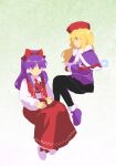  2girls adapted_costume ascot black_pants blonde_hair bow capelet collared_shirt commentary_request crossed_arms crossed_legs flat_chest footwear_bow fur-trimmed_capelet fur-trimmed_footwear fur_trim hair_ribbon hair_tubes hakurei_reimu hakurei_reimu_(pc-98) holding holding_wand invisible_chair kaigen_1025 kirisame_marisa kirisame_marisa_(pc-98) long_hair long_skirt long_sleeves multiple_girls neck_ribbon open_clothes open_vest pants parted_lips purple_capelet purple_eyes purple_footwear purple_hair purple_shirt red_ascot red_bow red_headwear red_skirt red_vest ribbon shirt sitting skirt touhou touhou_(pc-98) vest wand white_footwear white_ribbon white_shirt 