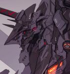  armor black_armor commentary english_commentary from_side grey_armor grey_background mecha mecha_focus multicolored_background no_humans original red_eyes robot science_fiction syaha upper_body 
