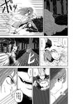  aura bow braid comic dress flying greyscale hair_bow hat hong_meiling long_hair monochrome multiple_girls remilia_scarlet running sharp_teeth teeth touhou translated twin_braids wings yokochou 