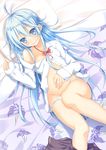  bed blue_eyes blue_hair denpa_onna_to_seishun_otoko hitoguchi_(hioxhio) long_hair lying off_shoulder on_back on_bed open_clothes open_shirt panties panty_pull pillow shirt skirt skirt_around_one_leg smile solo touwa_erio underwear white_panties 