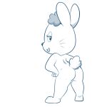 anthro butt female hair half-closed_eyes lagomorph leporid lonbluewolf looking_at_viewer looking_back mammal monochrome narrowed_eyes nude open_mouth rabbit short_stack simple_background solo tongue whiskers white_background