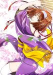  1girl bare_shoulders brown_eyes brown_hair floral_print floral_print_kimono hairband hand_fan highres holding holding_fan japanese_clothes kanzaki_sumire kimono looking_at_viewer looking_back nekomaru print_kimono purple_kimono purple_sleeves sakura_taisen short_hair solo thighhighs twitter_username white_hairband white_thighhighs wide_sleeves 