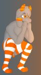 anthro bovid caprine clothing crouching flaccid floppy_ears fur genitals glans goat grey_body grey_fur gusta gusta_(gusta) hair hi_res horn legwear legwear_only male mammal mostly_nude orange_clothing orange_eyes orange_glans orange_horn orange_legwear orange_stripes orange_thigh_highs pattern_clothing pattern_legwear pattern_thigh_highs penis solo striped_clothing striped_legwear striped_thigh_highs stripes thigh_highs thigh_highs_only