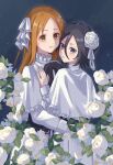  2girls absurdres alternate_costume black_hair bleach capelet flower hair_between_eyes hair_flower hair_ornament hand_on_another&#039;s_chest hand_on_another&#039;s_waist highres inoue_orihime kuchiki_rukia long_bangs long_hair long_sleeves looking_at_viewer multiple_girls orange_eyes orange_hair parted_lips purple_eyes rinner373 short_hair smile twitter_username white_capelet 