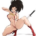 1girl arm_up black_eyes black_hair boku_no_hero_academia boots breasts closed_mouth full_body groin hair_pulled_back high_ponytail highres human_weapon knee_boots large_breasts long_hair looking_to_the_side navel one-piece_swimsuit ponytail rakeemspoon red_footwear red_one-piece_swimsuit revealing_clothes simple_background sketch slingshot_swimsuit solo squatting swimsuit thighs v-shaped_eyebrows weapon white_background yaoyorozu_momo 