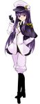  alternate_costume aoshima arm_behind_back boots capelet crescent gloves hat highres long_hair military military_uniform monocle patchouli_knowledge purple_eyes purple_hair smile solo touhou uniform 