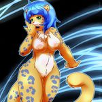  blue_hair breasts feline female green_eyes hair jaguar mammal maverick nipples nude pussy solo standing 