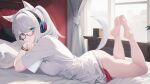  1girl animal_ear_fluff barefoot blue_eyes bracelet commentary commission copyright_request hair_intakes headphones jewelry kurage_cc long_hair no_pants pillow ponytail red-framed_eyewear shirt short_sleeves skeb_commission solo symbol-only_commentary t-shirt white_shirt 