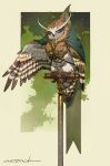  animal animal_focus artist_name bird border cape clothed_animal commentary from_side full_body green_cape highres jewelry looking_at_viewer murayama_ryouta neck_ring no_humans o-ring original outside_border owl perching signature solo talons yellow_border 