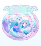  1girl absurdres blue_hair blue_thighhighs fang fishbowl full_body gaogao_(gaogaomegu) highres in_bowl in_container original simple_background sleeves_past_fingers sleeves_past_wrists thighhighs very_long_sleeves white_background yellow_eyes 