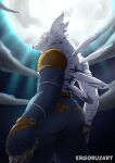 absurd_res anthro bandai_namco bottomwear butt clothing digimon digimon_(species) ergoruzart hi_res looking_at_viewer male muscular pants rear_view smile solo weregarurumon