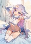  1girl alternate_costume arm_behind_head arms_up bed_sheet detached_sleeves full_body hair_flaps highres hololive hololive_english indoors koseki_bijou long_hair long_sleeves looking_at_viewer meme_attire mixed-language_commentary navel on_bed open_mouth popo_(popo0cat) purple_eyes purple_hair seiza sitting sketch_background smile solo sweater thighhighs toeless_legwear toes virgin_destroyer_sweater virtual_youtuber white_sweater white_thighhighs 