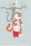  breasts calvin calvin_and_hobbes crossgender dark_background evil feline female hallway hobbes human looking_behind male pointing scratching shota smile straight straight_shota tail tiger walking walls worried young 
