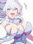  1girl absurdres bare_shoulders blush breasts cleavage conicalart detached_collar drill_hair duel_monster fang grey_eyes grey_hair highres large_breasts lovely_labrynth_of_the_silver_castle ojou-sama_pose skin_fang slit_pupils solo tongue yu-gi-oh! 