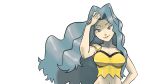  1girl bare_arms bare_shoulders blue_eyes blue_hair breasts camisole cleavage collarbone crop_top hand_on_own_hip karen_(pokemon) large_breasts light_blue_hair long_hair midriff official_style parted_bangs pokemon pokemon_hgss solo spaghetti_strap tomnamiheeei8ch wavy_hair white_background yellow_camisole 
