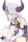  1girl absurdres ahoge barefoot braid demon_horns detached_sleeves eternaltanbo grey_hair highres hololive horns la+_darknesss long_hair multicolored_hair pointy_ears pout purple_hair simple_background sitting solo streaked_hair striped_horns virtual_youtuber white_background yellow_eyes 